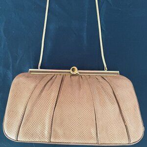 Judith Leber Tan Leather Snakeskin Clutch